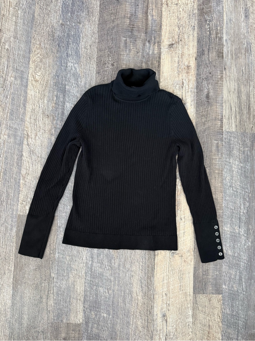 Talbots Black Ribbed Turtleneck Sweater Button Cuff Cotton Blend Large